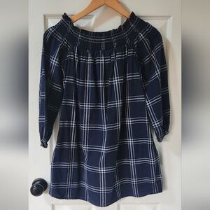Abercrombie & Fitch Shift Mini Dress Womens MediNavy Blue Plaid Off-Shoulder Top